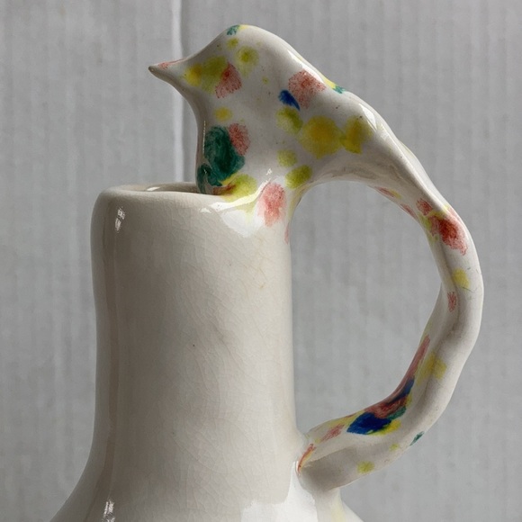Creamy white bird handle pottery vase pitcher - Picture 2 of 13